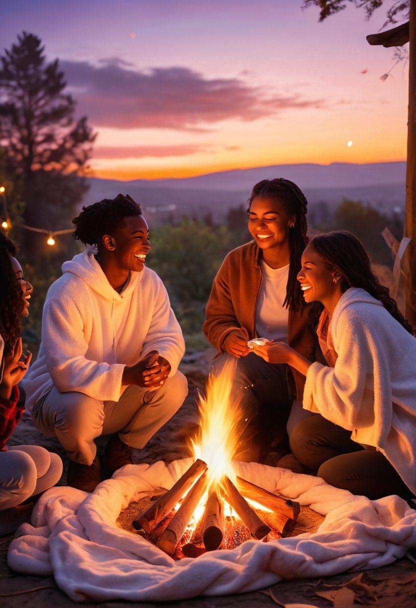A warm, inviting scene depicting a group of diverse people sharing laughter and stories around a bonfire at sunset, with a heart-shaped glow surrounding them, symbolizing connections. Include elements like soft blankets, marshmallows on sticks, and twinkling fairy lights in the background. The atmosphere should feel cozy and joyful, radiating love and acceptance. watercolor style. vibrant colors. soft lighting.