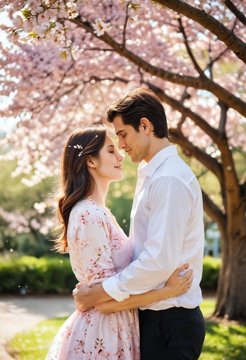 A heartwarming scene of a couple embracing under a blooming cherry blossom tree, surrounded by gentle falling petals symbolizing love and intimacy. Soft sunlight filtering through the branches creates a warm glow, enhancing their connection. In the background, a serene park with lush greenery adds tranquility to the setting. The couple's expressions radiate unconditional love and affection. soft focus, pastel colors, romantic atmosphere.