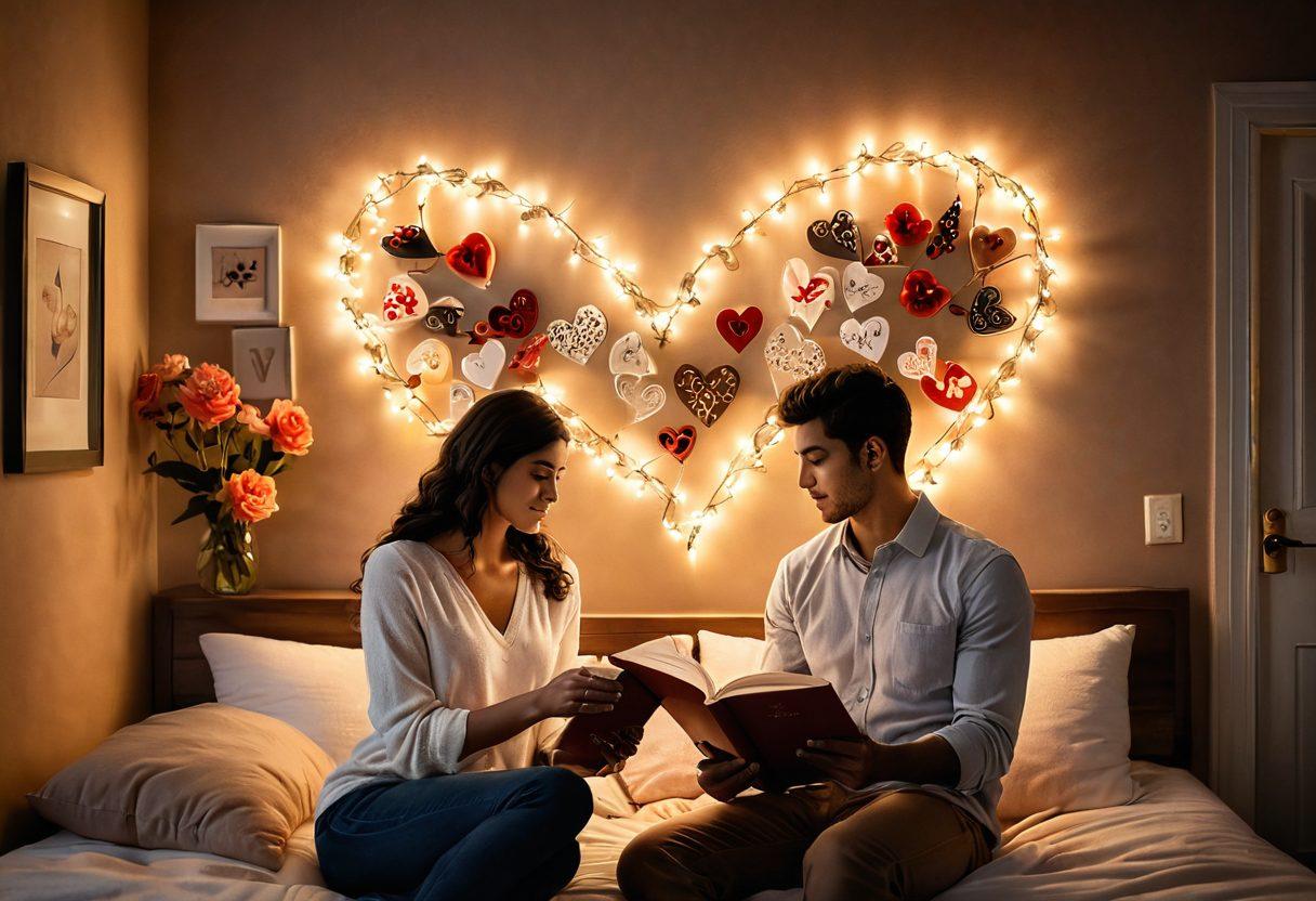 A warm, intimate scene of a couple sharing a quiet moment in a cozy room filled with soft lighting, surrounded by symbols of love like heart-shaped decor and blooming flowers. Capture the essence of connection through their gentle gazes and subtle touches, with elements of commitment represented by intertwined hands or a shared book. The atmosphere should evoke deep emotional warmth and tenderness. soft focus. warm hues. romantic style.